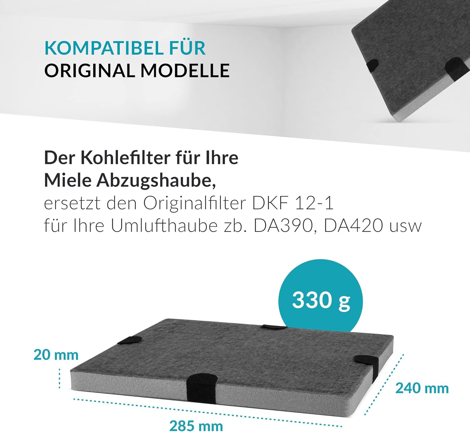 Aktivkohlefilter ähnlich DKF12-1 bzw. 6228731, passend für Miele Dunstabzugshauben DA269-4 / DA279-4 / DA390 / DA420 / 28996265D